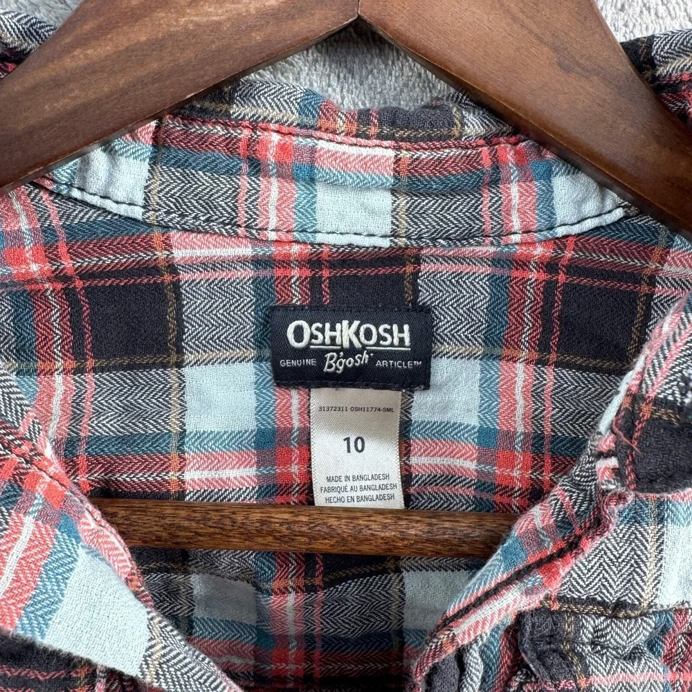 OshKosh Bgosh Boys Flannel Button Up Shirt Size 10 Orange White Plaid Holiday